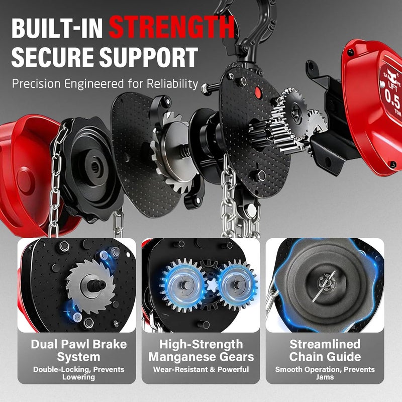 SALIFTFE 1/2 Ton Hand Chain Hoist, Compact & Lightweight Manual Chain Block 1100 lbs Working Load for Garage Automotive Mower Maintenance & DIY Lifting (1/2 TON | 10FT) - Image 4